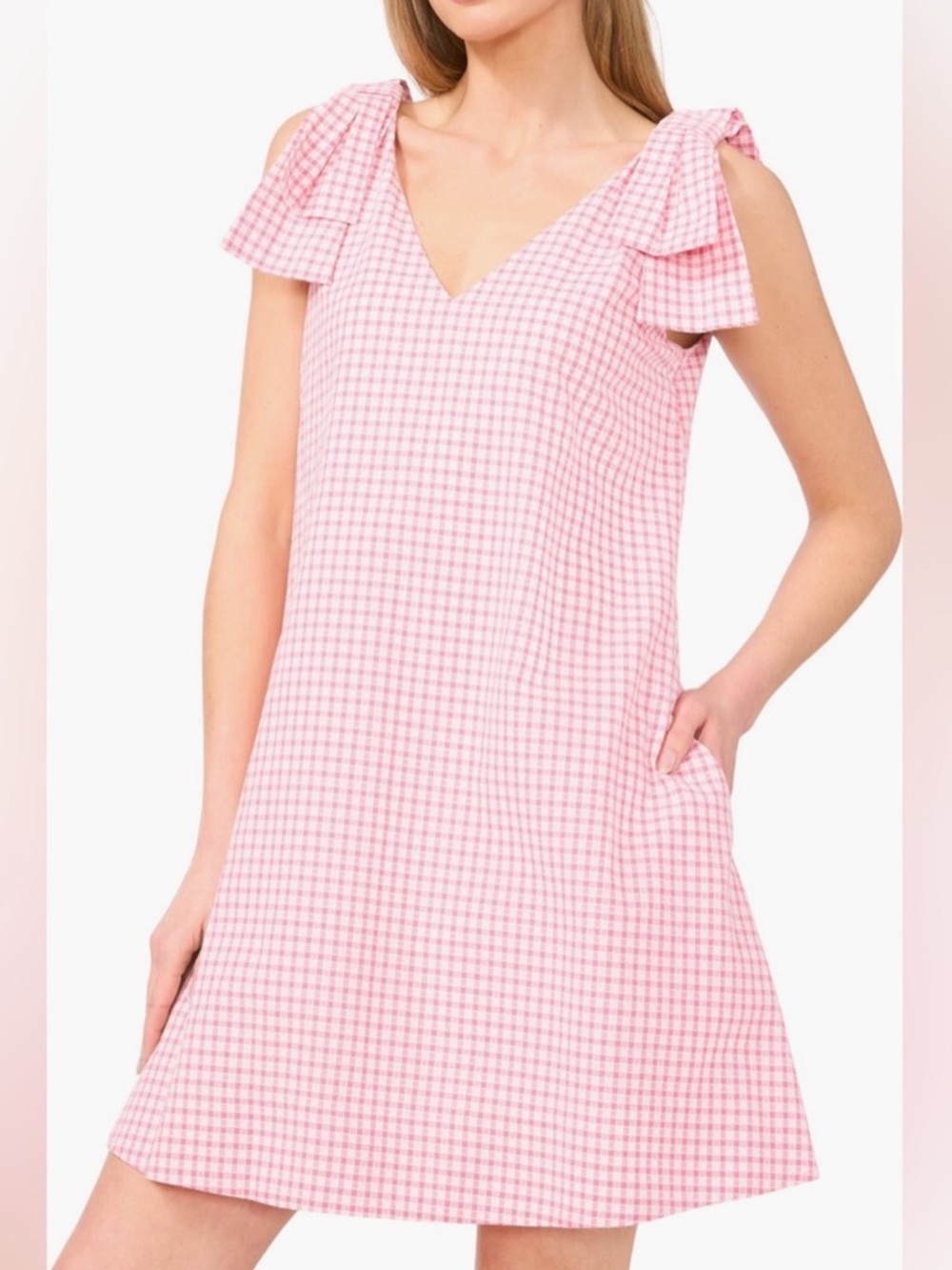 CeCe Pink Gingham V‑Neck Sleeveless Dress Women Size Small